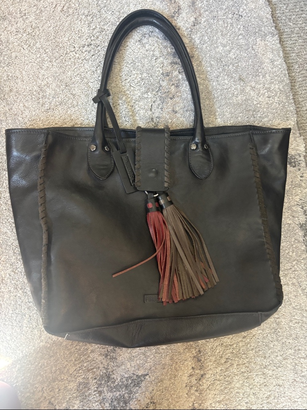 Pikolinos Black Leather Tote Bag Whipstitch Tassel Double Handle Vintage Y2K